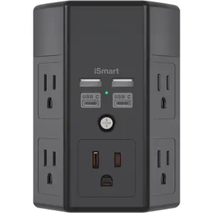 Surge Protector, 5 Outlets Extender with 4 USB Ports(USB C), 3-Side 1680J Power Strip Multi Plug Outlet Expander, USB Wall Charger, Outlet Splitter Adapter Wall Mount for Home Office ETL Listed(Black)