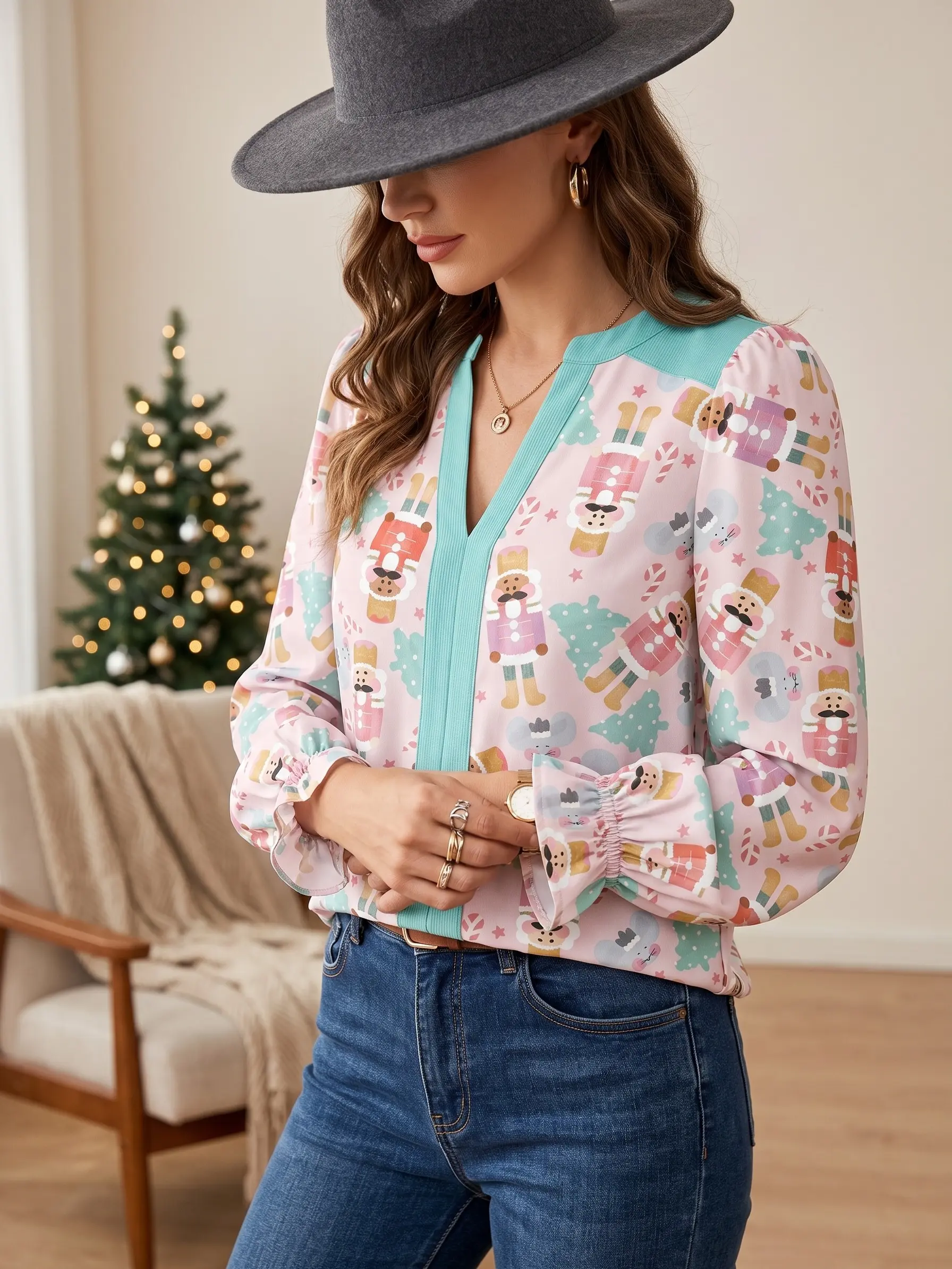 Pink Nutcracker Christmas Top , Tree Print, Teal Contrast Trim, Puff Sleeves, V-Neck, Festive Winter OOTD