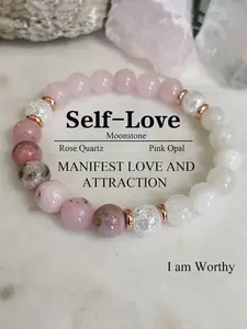 Bohemian Style Love Bracelet, Rhodochrosite, Jade, Rose Quartz Crystal Trust & Harmony High Quality Jewelry Gift for Women, Peace, Friendship