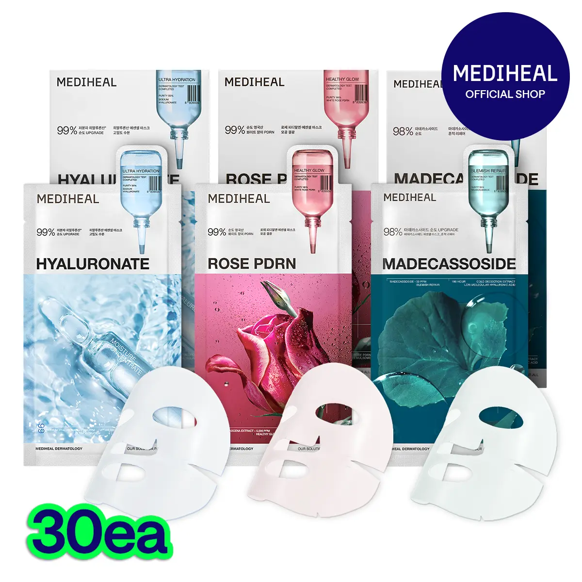 [Mediheal] 30-Day Skin Recovery Mask Set | Blemish Repair + Healthy Glow + Ultra Hydration | Dark Spot, Redness & Dry Skin Care | Sheet Masks | Korean Skincare
