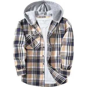 Men's Flannel Hoodie Shirts Casual Button Down Plaid Shirt Jackets for Men Long Sleeve Stylish Hooded with Pocket