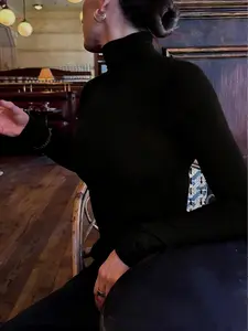 Women's Black Turtleneck Knit Top - Slim Fit Long Sleeve Basic Sweater, Soft Stretchy Knitted Pullover for Autumn Winter Knitwear