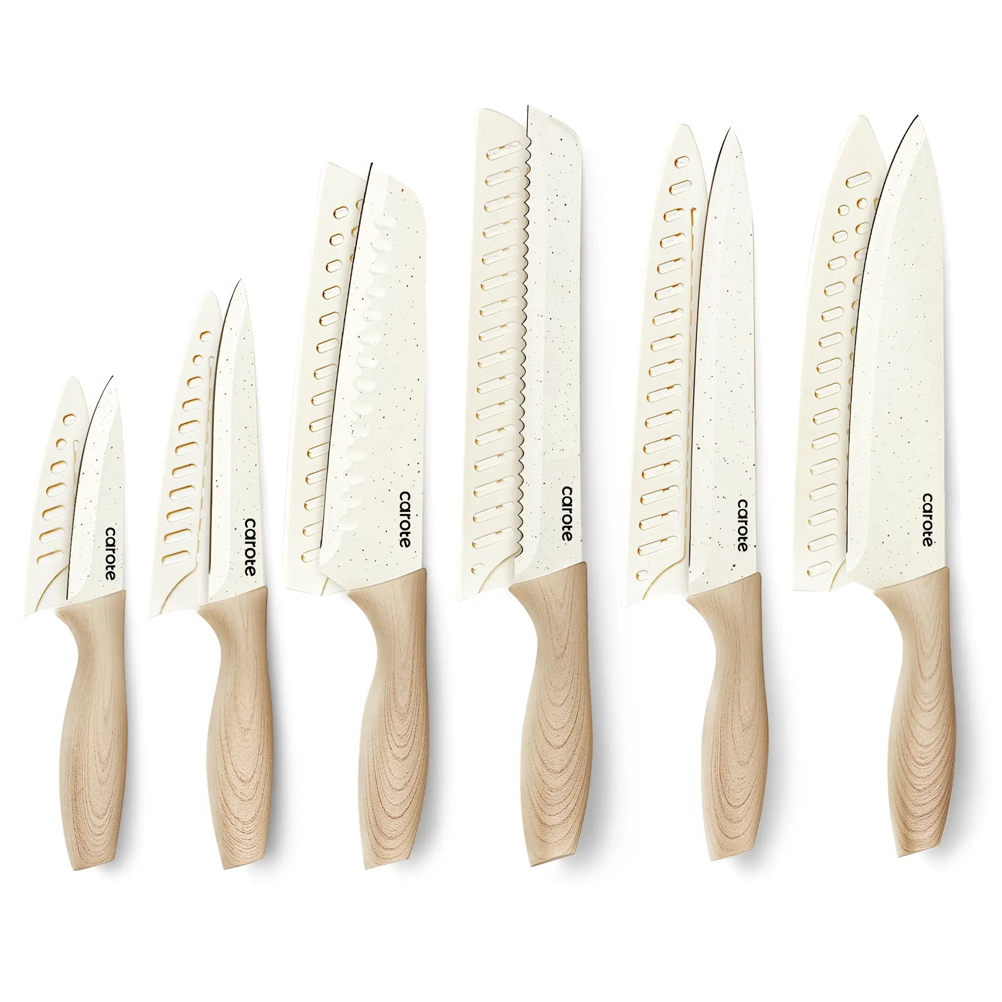 Knife set with Blade Guards,Granite Nonstick Ceramic Coating,Stainless Steel blade, Wooden Handle, Essential knife set,White