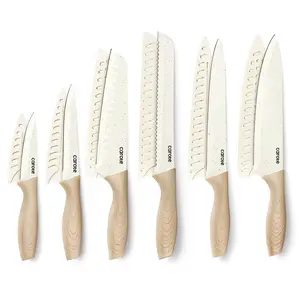 Knife set with Blade Guards,Granite Nonstick Ceramic Coating,Stainless Steel blade, Wooden Handle, Essential knife set,White