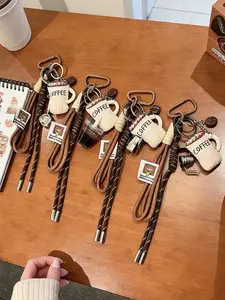 Coffee Cup Woven Lanyard Keychain, Vintage Casual Style, Paired with Small Coffee-Themed Accessories, Universal for Bags/keys, Coffee Cup Bag Charms