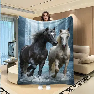 Wild Horse Flannel Blanket, Full Print Waterfall Background Horse Running Through Water, Soft Skin-Friendly Home Nap Warm Decorative Throw