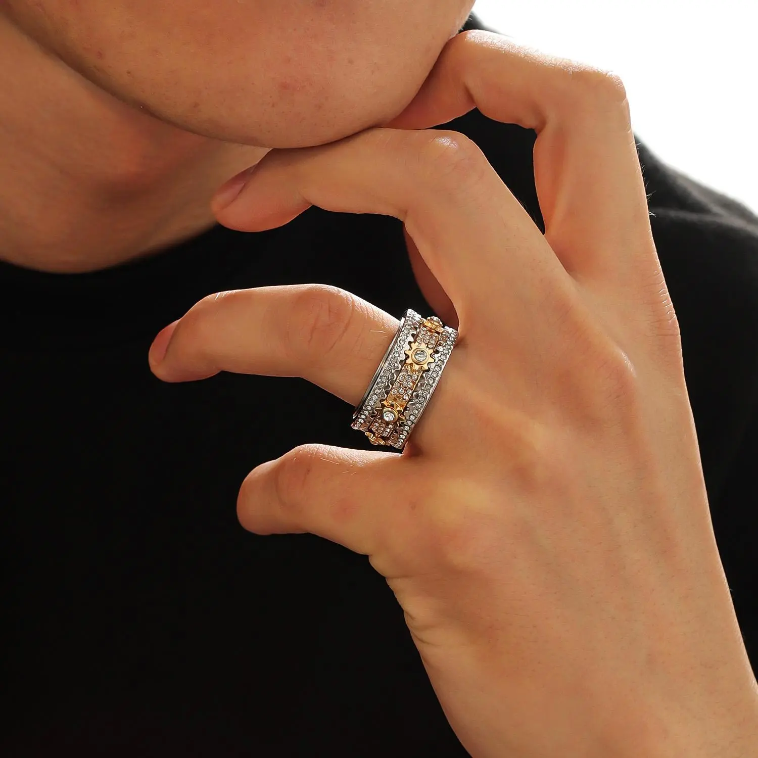 Cogwheel Fidget Ring Handmade Diamond Ornate Geometric 3D Band Ring Gear Spinner Rings Rotating Mechanical Decompression Ring For Women Men Stress Relief Jewelry Anti Anxiety Jewelry