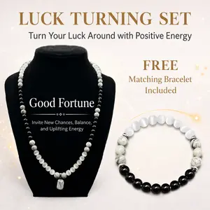 [Buy 1 Get 1 Free] Luck Turning Necklace Set with Black and White Natural Energy Stone Beaded Chain, Matching Bracelet Included, Good Fortune Spiritual Crystal Jewelry Gift for Men Women