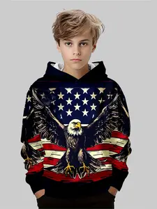 Eagle Boy Fitted Hoodie with American Flag Print, Street Style Graphic Sweatshirt, Patriotic Design for Men & Women