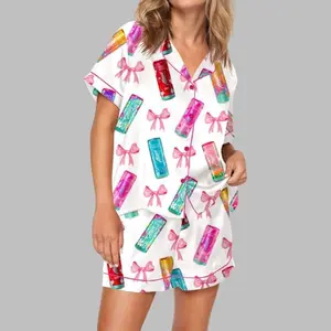 Energy Drink Satin Pajama Set Women, Summer Beverage Theme Sleepwear, Short Sleeve Silky Lounge Outfit, Trendy Gift Idea
