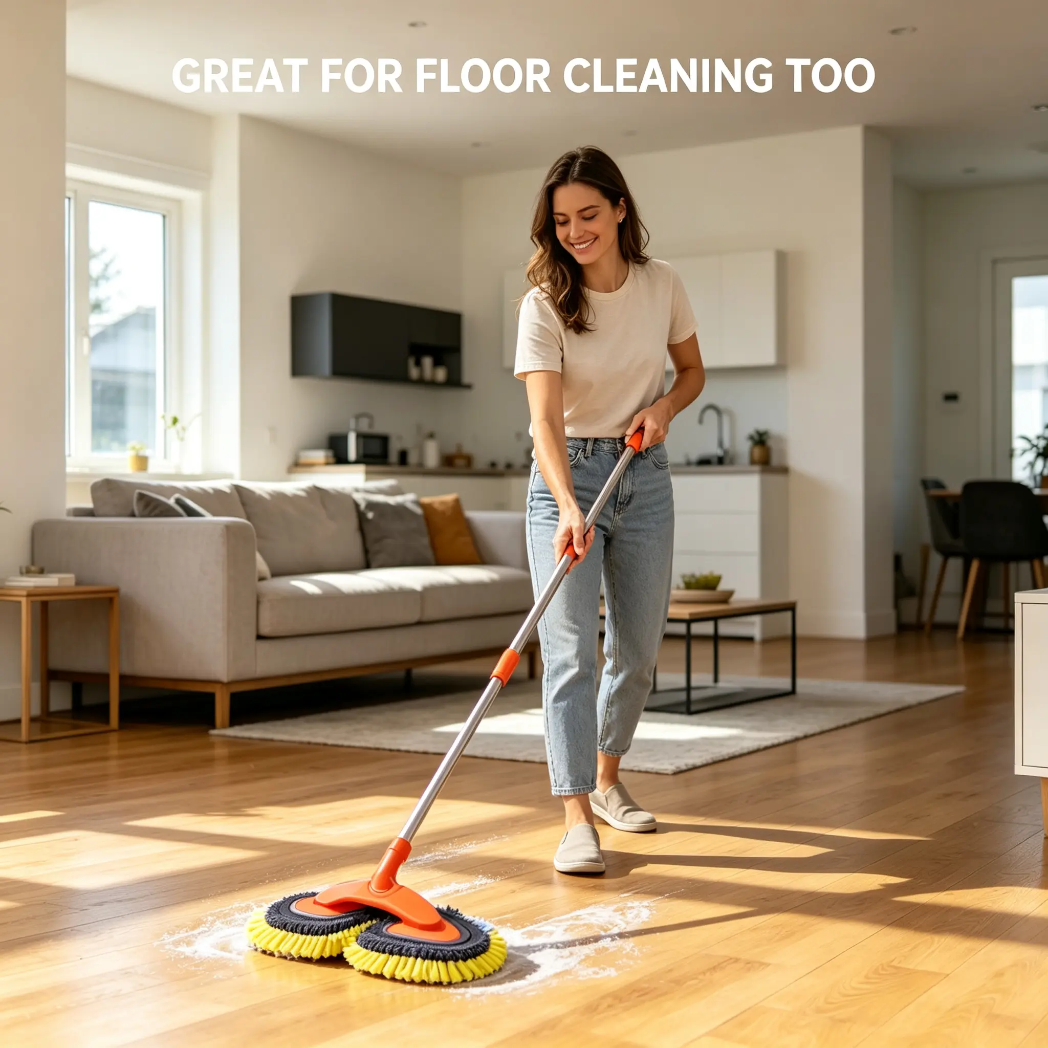 Sturdy Metal Dual-Head Car Wash Mop with 3-Section Adjustable Telescopic Handle - Scratch-Free Chenille, 360° Swivel - for House Cleaning, Bathroom, Cars, Trucks