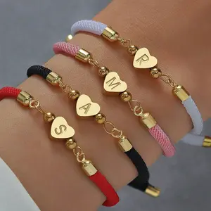 Fashion Heart Initial Bracelet, Stainless Steel Jewelry for Women, Fashion Classic Adjustable Rope Bracelet for Women & Girls