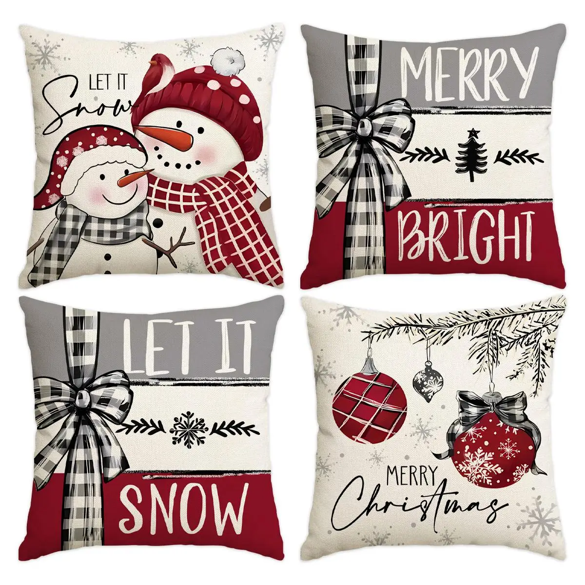 Christmas Themed Cushion Cover, 4 Counts/set Snowman & Bow & Ball & Letter Pattern Cushion Cover without Filler, Decorative Throw Pillow Cover for Hom