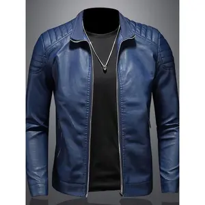 Men's Slim Fit PU Leather Jacket - Stylish Stand Collar Motorcycle Style with Zipper Detail, Black, Perfect for Spring and Fall Casual Wear, Casual Outerwear |   Fitted PU Leather Jacket |   Glossy Finish Jacket