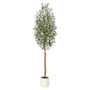 6FT/7FT Realistic Artificial Olive Tree, Faux Silk Leaves Plant with Natural Wood Trunk, Green Moss & White Planter, Elegant Indoor Fake Olive Tree Decor for Living Room Office Home Ornament, 1 or 2 PCS