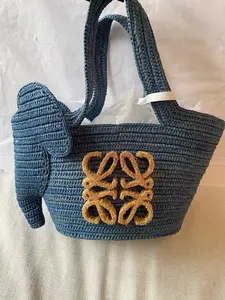 Pre-owned Loewe Paula’s Ibiza Small Basket Bag – Straw & Denim Blue Elephant Fiber, 98% New, Top Handle & Shoulder Strap