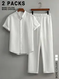 Two-Piece Set Men's Solid Button Up Shirt & Pants, Regular Fit Casual Comfy Short Sleeve Collared Top & Trousers for Beach Vacation, Men Two-piece for All Seasons