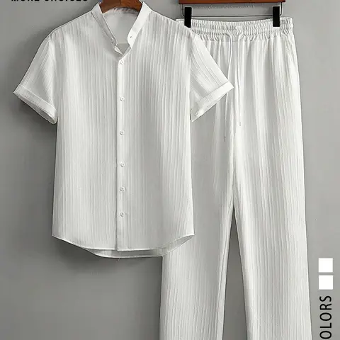 Two-Piece Set Men's Solid Plain Button Up Shirt & Pants, Regular Fit Classic Casual Comfy Breathable Short Sleeve Collared Top & Trousers for Beach Vacation, Men Two-piece for All Seasons, Clothing Sets
