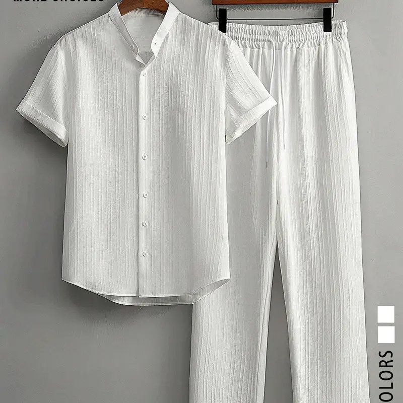 Two-Piece Set Men's Solid Plain Button Up Shirt & Pants, Regular Fit Classic Casual Comfy Breathable Short Sleeve Collared Top & Trousers for Beach Vacation, Men Two-piece for All Seasons, Clothing Sets