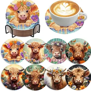 8pcs DIY Animals Diamond Art Coasters No Holder, Wood Coaster Set, Crystal Rhinestone Diamond Painting Coasters for Drinks, Wooden Desktop Art Coasters for Home Office Coffee Shop Cup Decoration, Gift for Friends, Suitable for Birthday, Valentine's Day