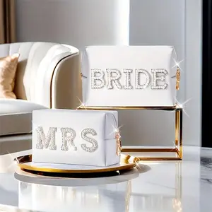 BRIDE Pearl Letter Makeup Bag, Octagonal PU Cosmetic Storage Bag, Large Capacity Toiletry Bag, Makeup Organizer Pouch