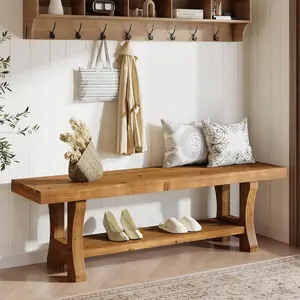 TRIBEWOOD 55-in Solid Wood Entryway Bench with Farmhouse Charm, 2-in-1 Functionality for Bedroom End of Bed/Dining Seat, 20-Minute Easy Assembly, Pre-Installed Legs, Lower Shelf, Light Brown for Hallway/Living Room