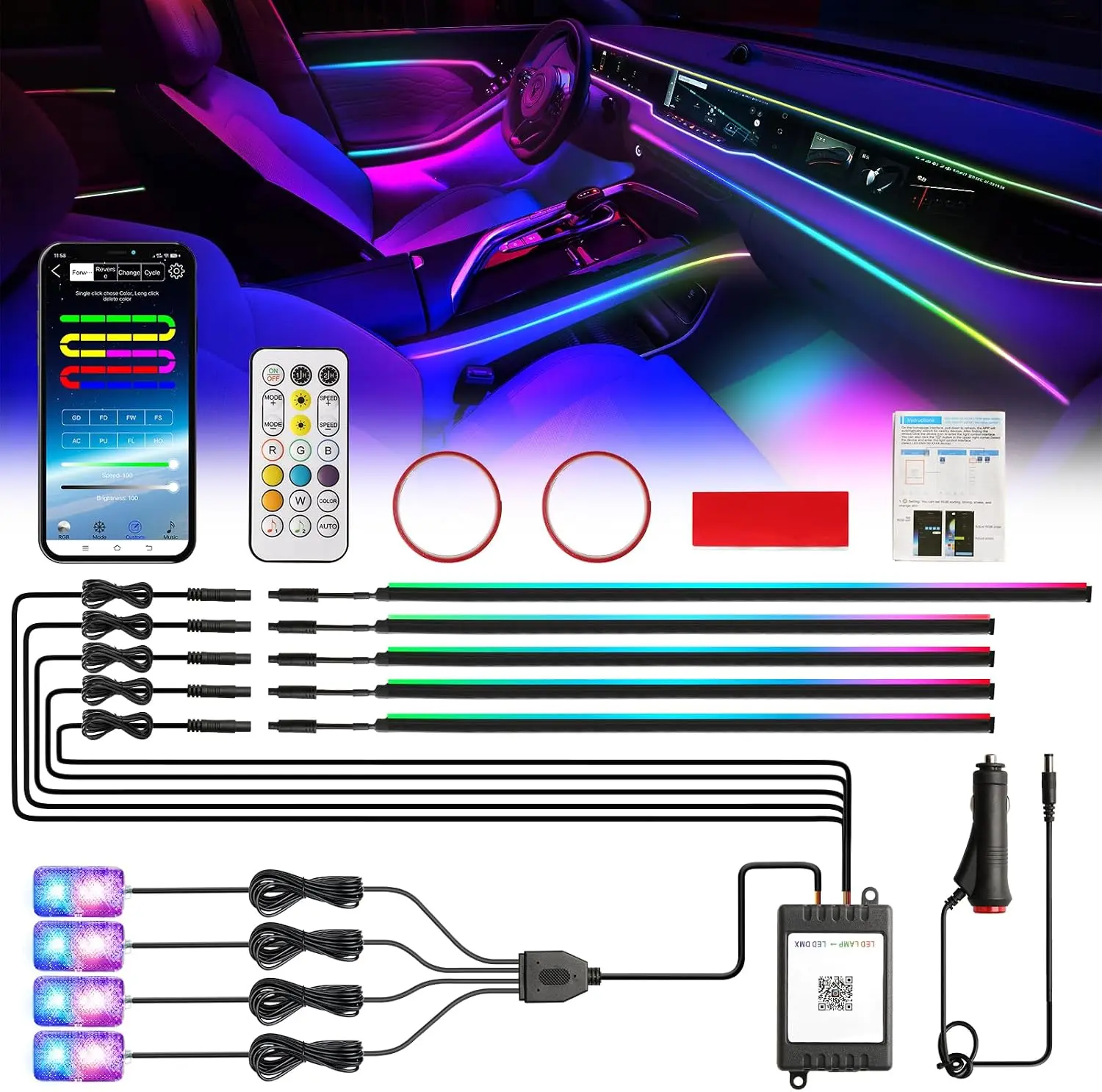 Defvnsy 9-in-1 RGB LED Car Interior Lighting Strip Kit, Car Lighting Accessories, 12V DC Input, 64 RGB Colors, Acrylic Strip, App Control, Music Sync, IP65 Waterproof, Plug-and-Play Universal Decorative Ambient Light, Car Door Led