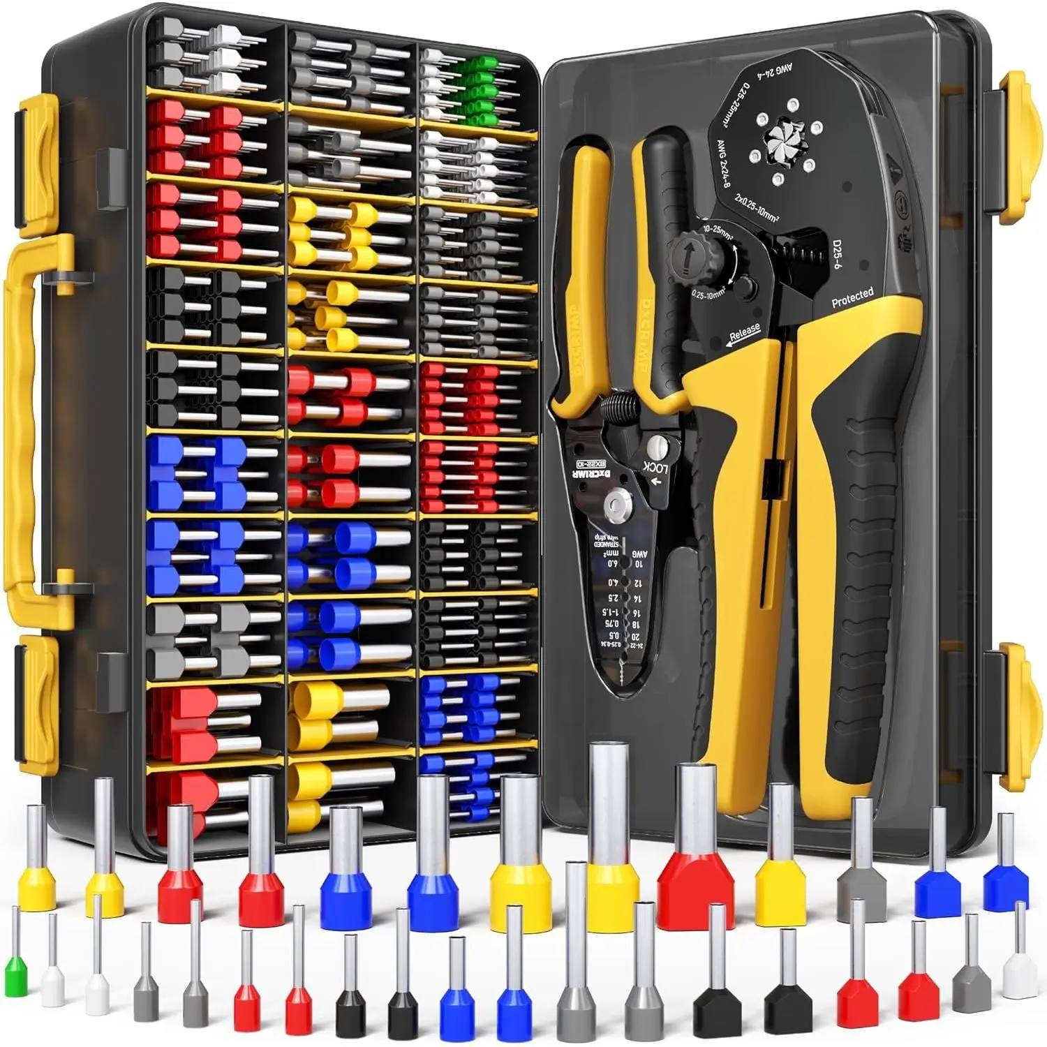 Ferrule Crimping Tool Kit, AWG 24-4 (0.25-25mm2) Self-Adjusting Hex Ratchet , 32 Types Insulated &  Wire Ferrules - for DIY Electrical, Control Panels,  Audio, Solar & RV