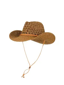Bohemian Beach Sun Hat, Handwoven Fashion Western Cowboy Straw Hat, UV Protection Windproof Casual Hiking Cap, Street Hollow Out Geometric Pattern Travel Hat, Casual Outdoor Hat