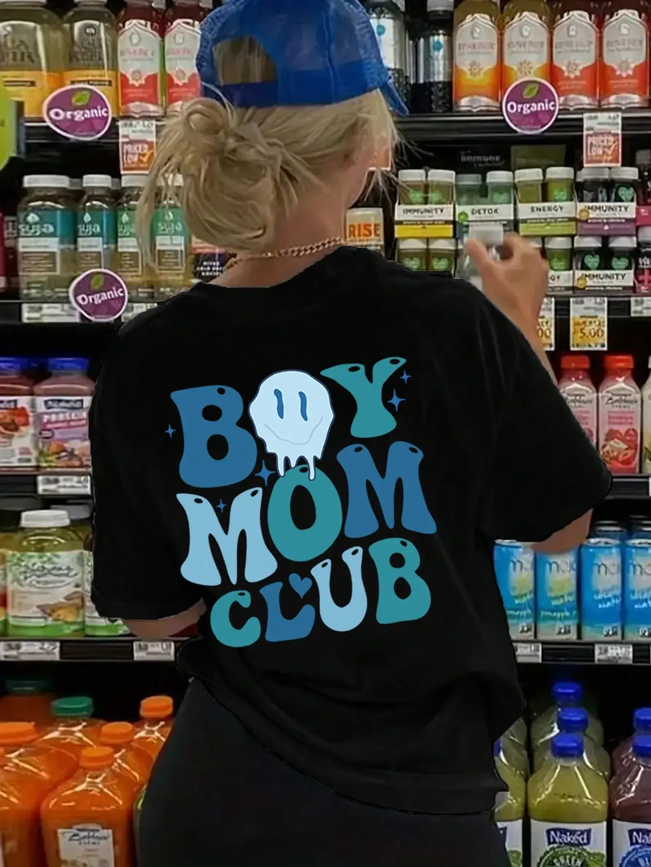 "BOY MOM CLUB" Funny Face & Slogan Graphic T-Shirt | Women's Casual Short Sleeve Printed Tee, Playful Mom Life Apparel