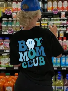 "BOY MOM CLUB" Funny Face & Slogan Graphic T-Shirt | Women's Casual Short Sleeve Printed Tee, Playful Mom Life Apparel