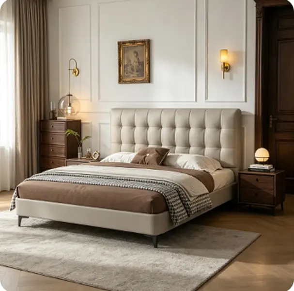 Beige Tufted Platform Bed Frame｜Large square button‑tufted headboard, soft smooth upholstery, slim sturdy metal legs. Timeless elegant design, delivers cozy luxe vibe to bright modern‑style bedroom spaces.