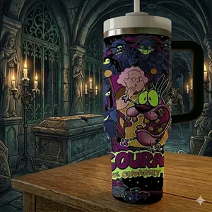Retro Scary Cartoon Dog Tumbler With Handle 40oz, Colorful Horror Comedy Character Mug, Funny Vintage Animation Style Cup, Insulated Travel Mug With Straw, Gift For Cartoon Lovers