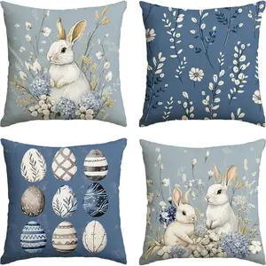 Easter Bunny Easter Egg Embroidered Design Blue Pillow Cover Set, 18x18 Inch Eucalyptus Cotton Cushion Covers, Sofa Decor, 4 Piece Set (no Inserts)