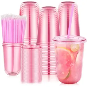 100 Set 16oz Cups with Lids &, Disposable Pink Clear Iced Coffee Cup with Lid, Round Bottom Cups for Cold Drinks Slushie Smoothie Valentine Supplies
