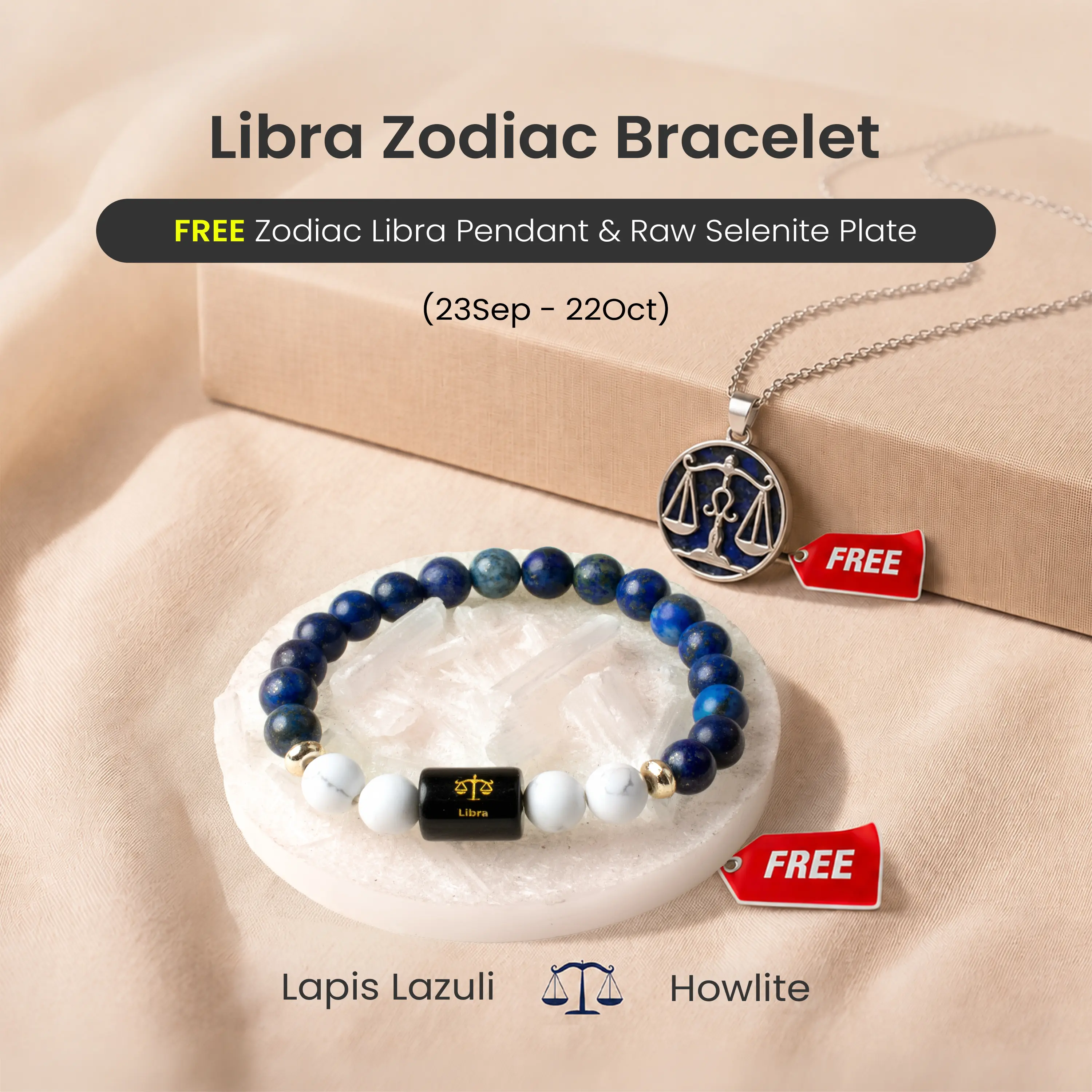Astrotalk Lapis Lazuli & Howlite Libra Zodiac Bracelet for ease overthinking, support clarity & inner balance | FREE Libra Pendant & Raw Selenite Plate for Crystal Charging | Daily Wear Jewellery | Certified Authentic | Perfect Gift for Librans