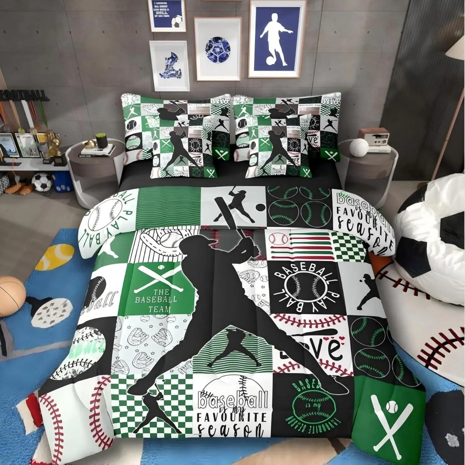 Baseball Bedding Comforter Set with Sheets,Geometric Grid Black Patchwork Sports 7 Piece Bedding Set,Ball Player Games Bed in a Bag,European Sport Softball Comforter Set for Boys,Green