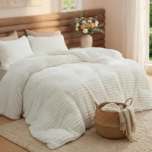 Bedsure Comforter Set Queen Size - GentleSoft  3 Pieces Double-Side Fleece Fluffy White Comforter Set, Cozy Striped Room Decor Aesthetic, Luxury Bedding Queen Size, 2 Pillowcases, 90x90 Inches