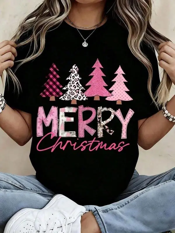 Merry Christmas T-Shirt For Women Festive Pink Plaid & Leopard Print Trees Design 100% Cotton Regular Fit Short Sleeve Tops Lightweight Holiday Seasonal Graphic Tee Xmas Party Gift Idea