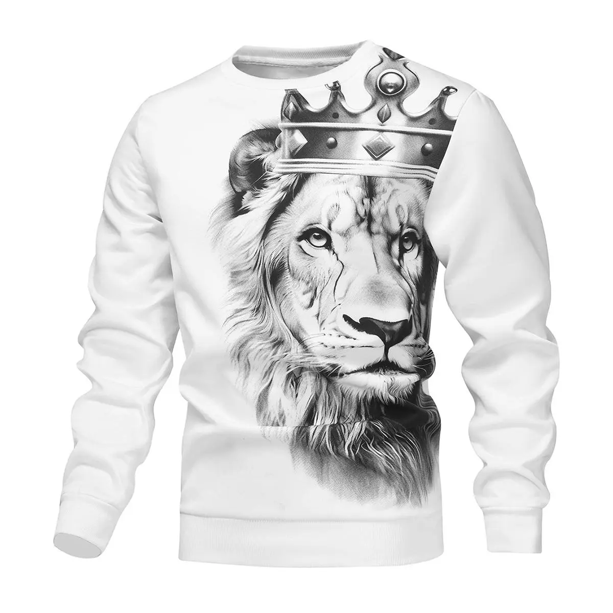 Men's Suitable Spring Crown Lion Print Pattern Pullover Crew Neck Sweatshirt Base Shirt, Stylish and Comfortable, For Outings and Parties, Men's Gift Long Sleeve, Clothes, Tops, Menswear round neck long sleeve