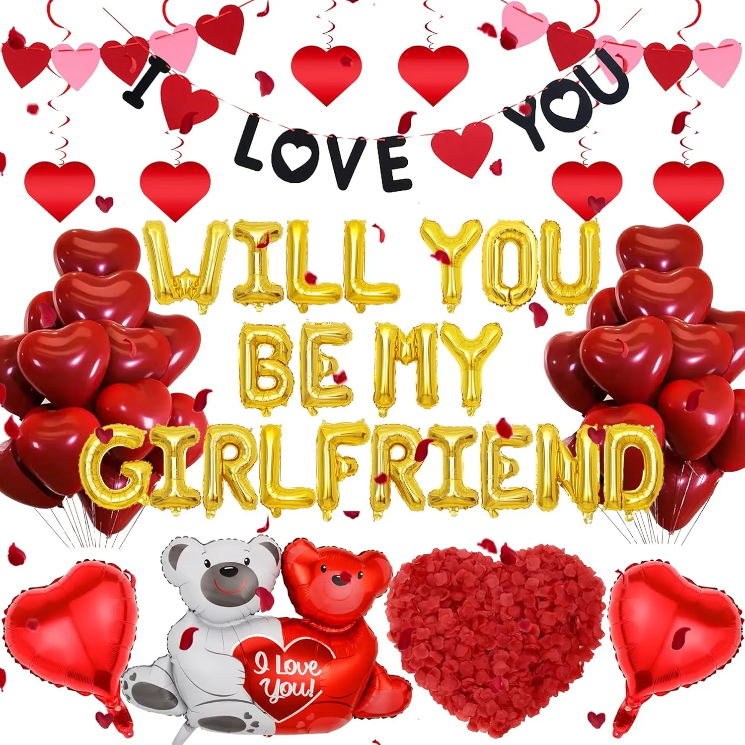 Valentine's Day Decoration Balloon Kit, 16 Foil Mylar Alphabet Letters, 18 Heart-Shaped Pieces, 1 "Will You Be My Girlfriend" Banner, Love Bear Hollow Wall Accessory