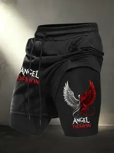 Men's "Angel & Demon" Print 2-in-1 Gym Shorts, Quick Dry Compression Liner Workout Shorts, Streetwear Training Running Bottoms #GymShorts #2in1WorkoutShorts #AngelDemonPrint #StreetwearAthletics #TikTokMadeMeBuyIt