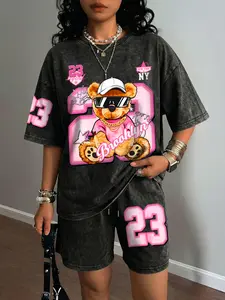 Women's Casual Two-Piece Set, Fitted Letter Bear Pattern Design, Regular Length Short Sleeve Top & Shorts, All-Season Wear