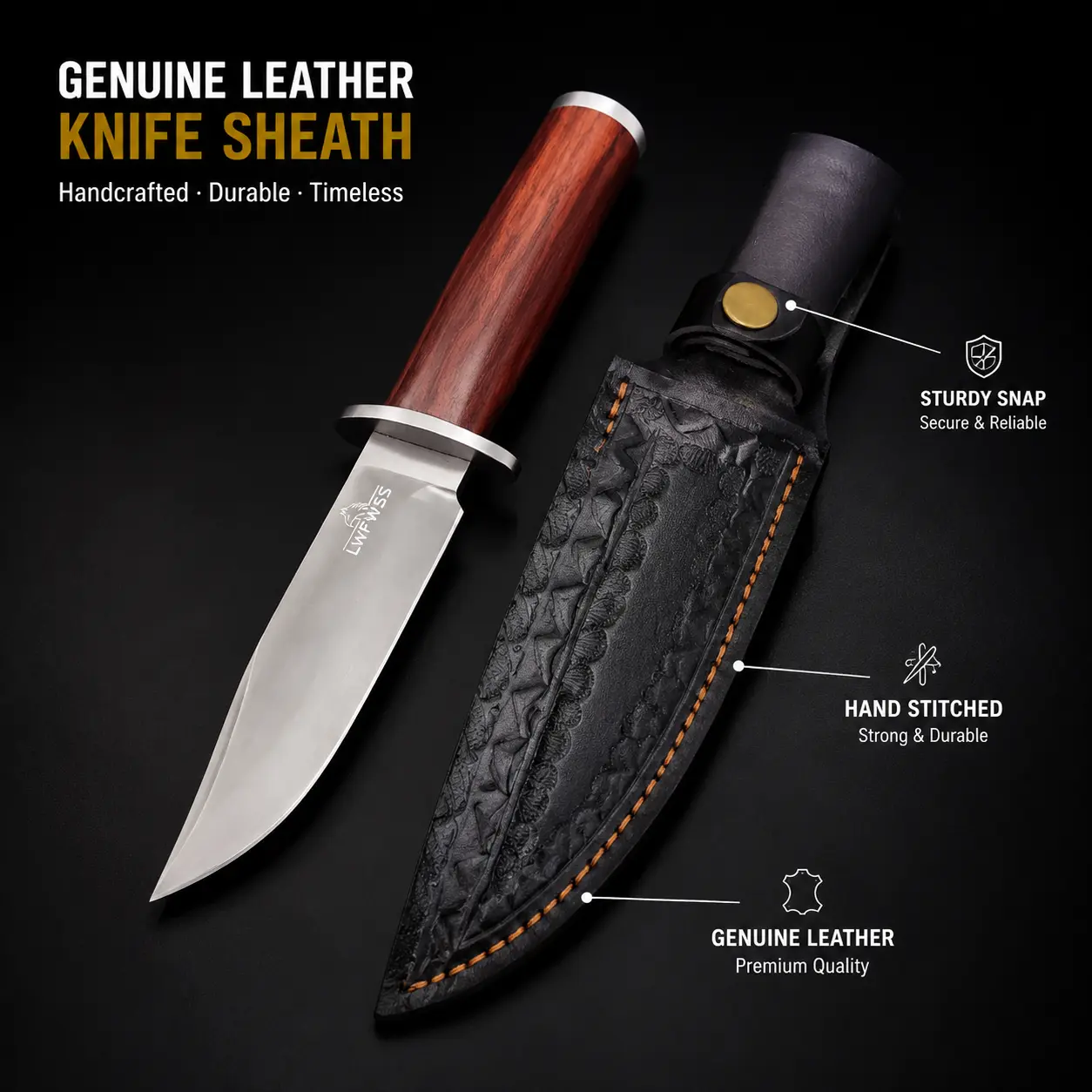 Vintage Woofeden Fixed-Blade Hunting Bowie Knife, 26cm Wood Handle Stainless Steel Blade with Full Tang Fit, Embossed Leather Sheath for Outdoor Sports Survival Tasks Camping Cutting