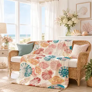 Ocean Seashell Throw Blanket, 1 Piece, Colorful Shell Conch Starfish Pattern, Single-Sided Printed Soft Lightweight Cozy Blanket Sofa Blanket Nap Blanket for Bedroom, Living Room, Travel, Camping, Beach Vacation, and All-Season Use