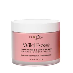 Florida Glow Wild Rose Sugar Scrub – Gentle Exfoliating Body Scrub with Peptides & Vitamin C, Brightening Hydrating Polish for Smooth Glowing Skin, Rose Scent