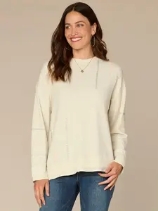 Long Sleeve Scoop Neck Asymetrical Hem Embroidered Petite Knit Top