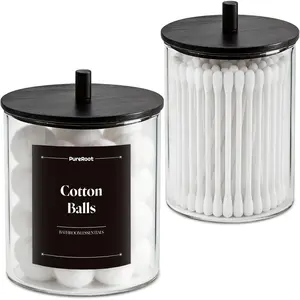 Glass Qtip Holder Dispenser Set - 15oz & 10oz Cotton Swab Holder with Black Wooden Lids, Bathroom Canisters Apothecary Jar Vanity Storage Organizer for Cotton Balls, Floss Picks (2 Pack)