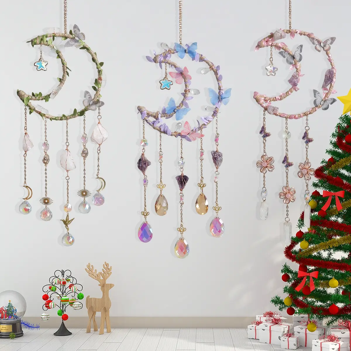 Handmade Hemp Rope Wrapped Leaf Butterfly Sun Catcher, Crystal Ball Rainbow Maker, Home Decor, Holiday Gift Idea