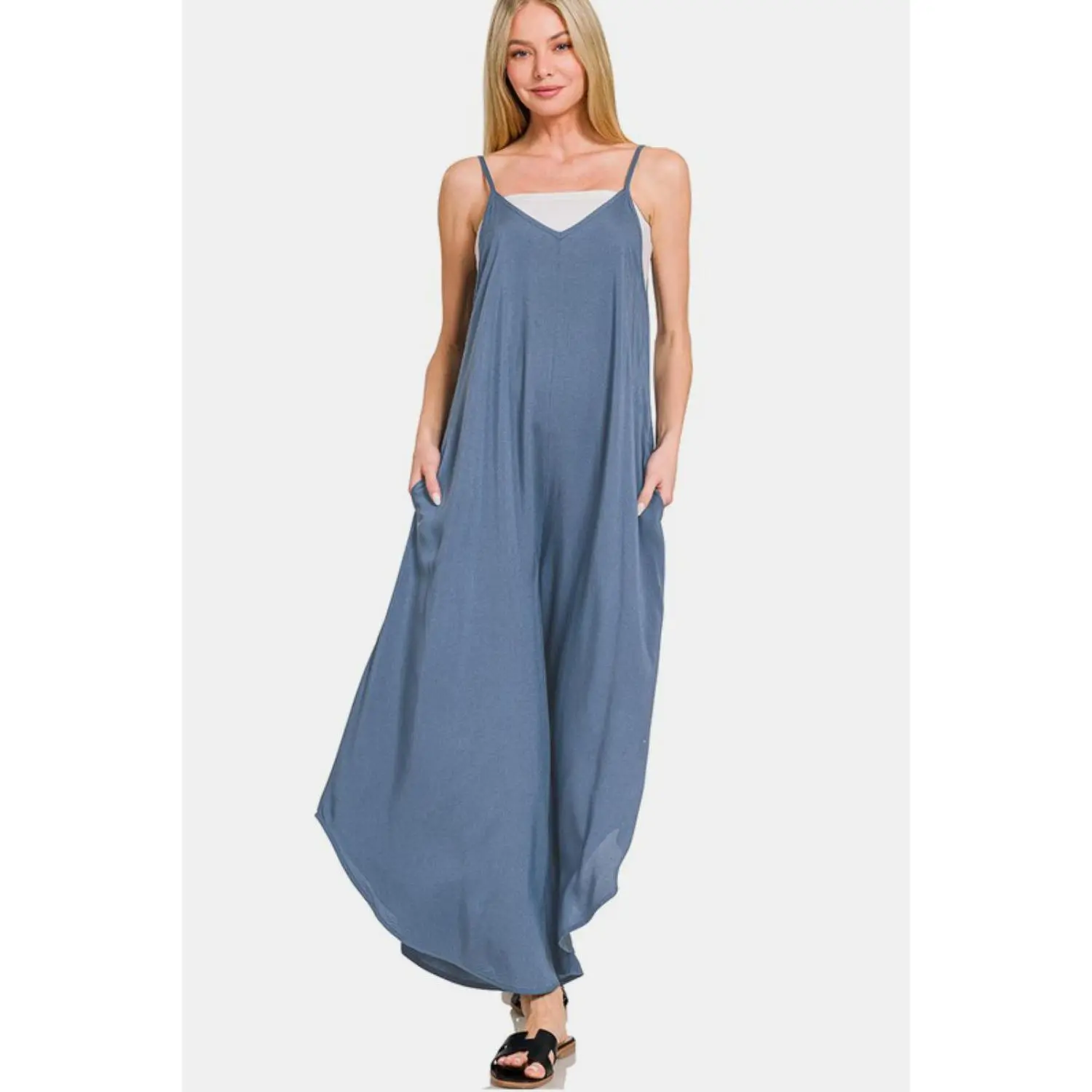 Zenana Spaghetti Strap Wide Leg Overalls with Pockets